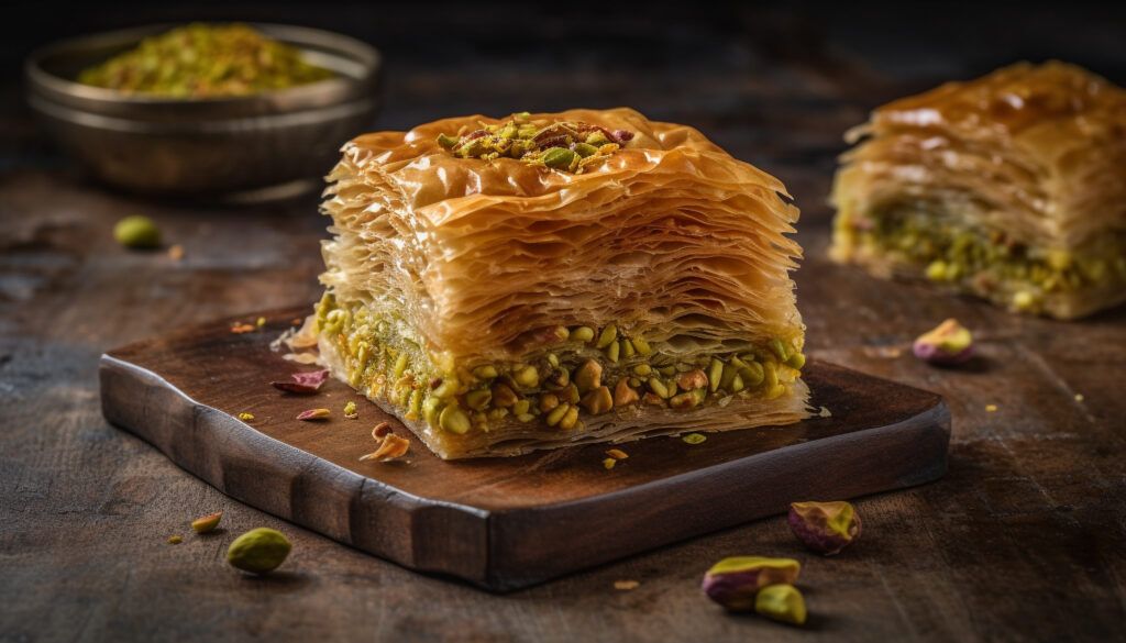A layered slice of baklava topped with chopped nuts