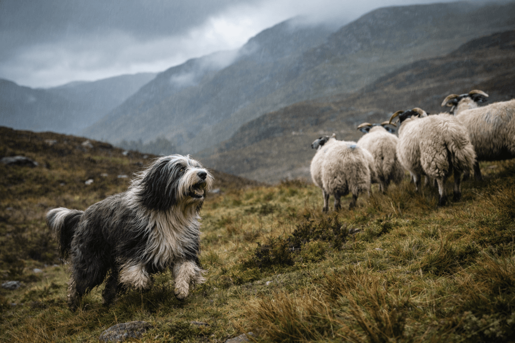 Illustration of a Bearded Collie moving across open ground in a working-dog setting