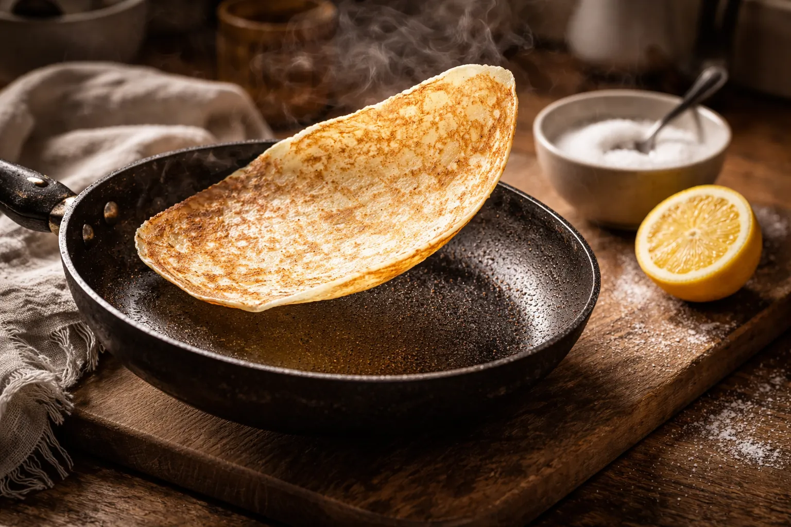 A thin golden pancake being lifted above a frying pan with lemon and sugar nearby