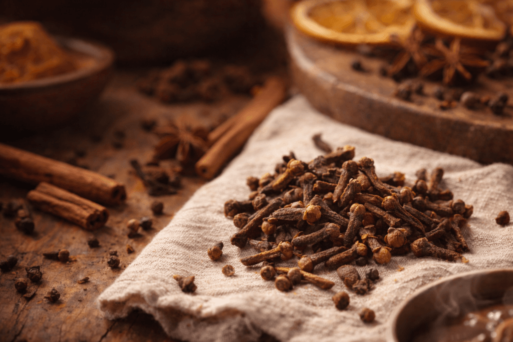 A close view of whole cloves and ground clove spice