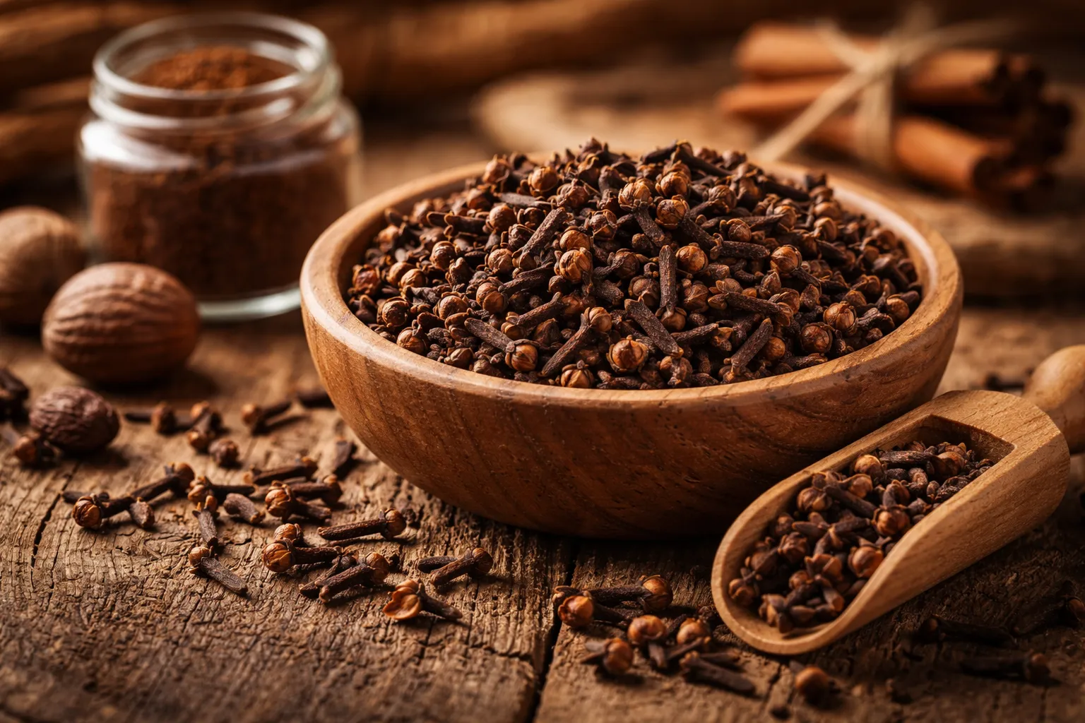 Whole cloves and ground cloves arranged with warm kitchen ingredients