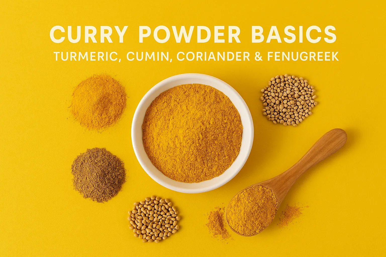 Curry powder and several individual ground spices arranged in bowls