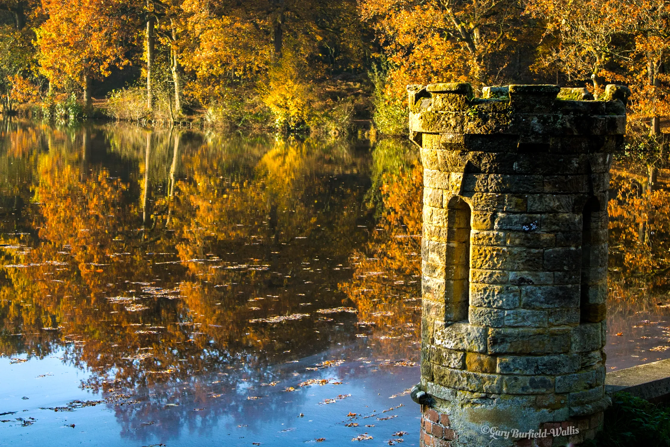 Autumn trees reflected in Douster Pond beside a small stone tower