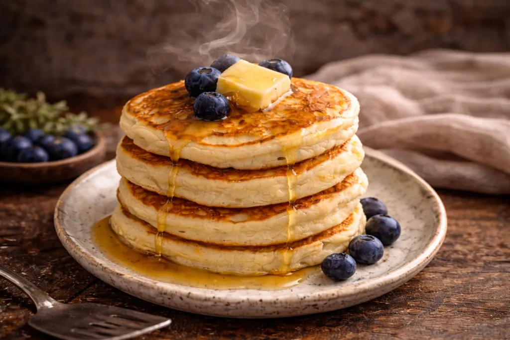 A stack of thick golden pancakes topped with butter, blueberries and syrup