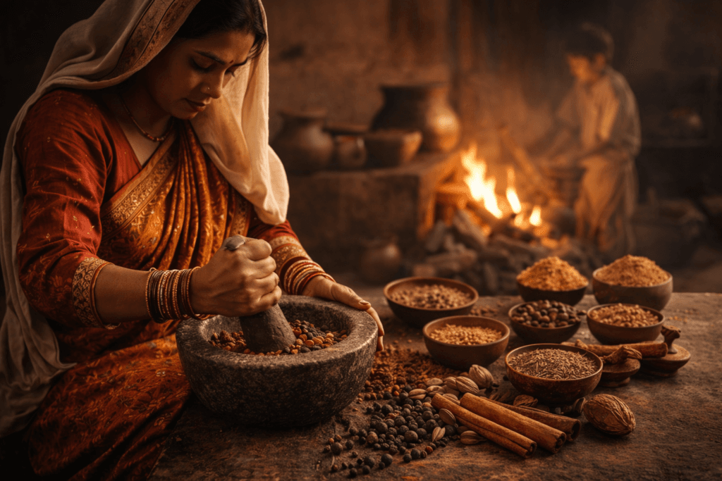Garam masala being added to food near the end of cooking