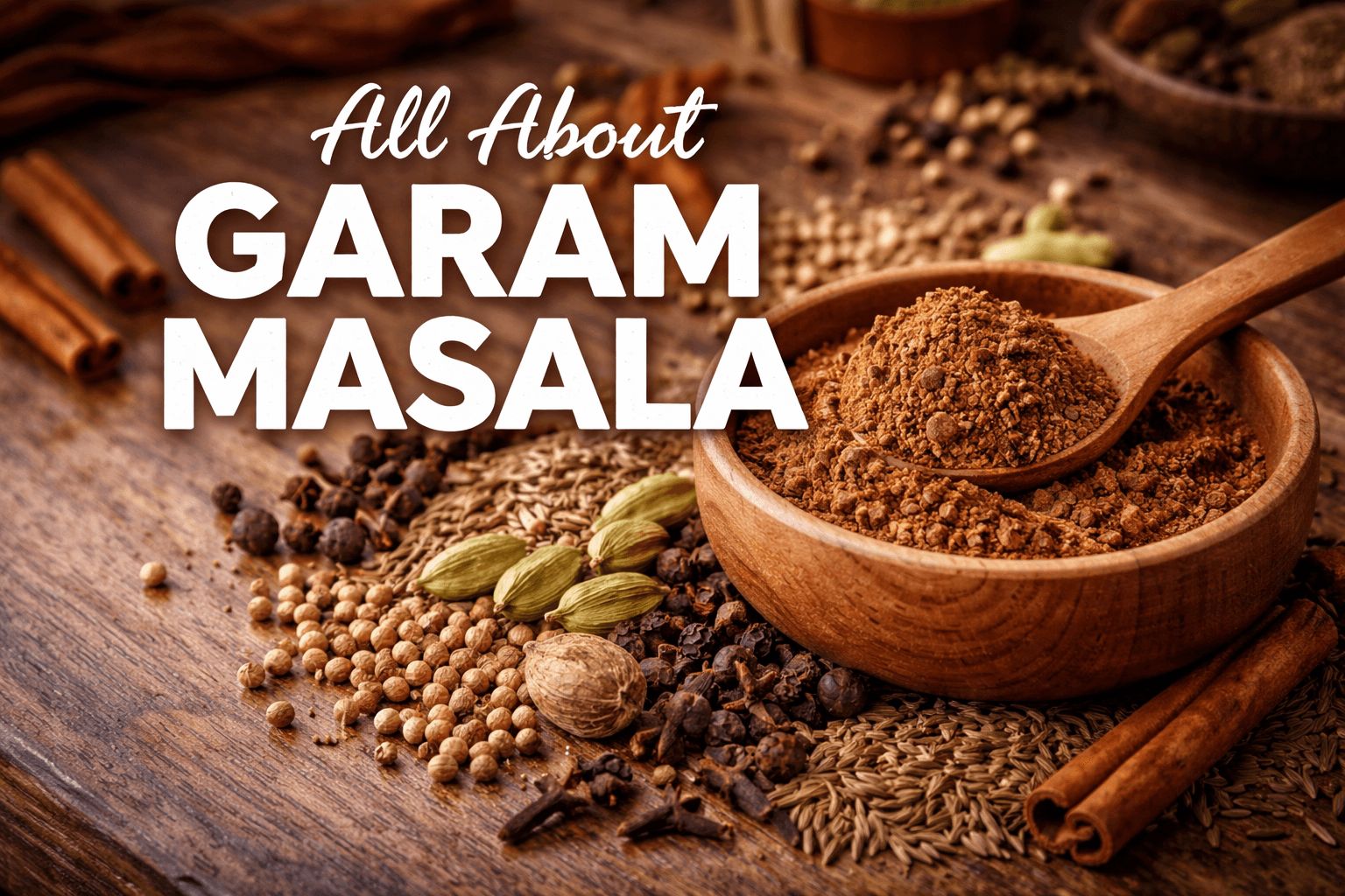 Garam masala and whole spices arranged for cooking.