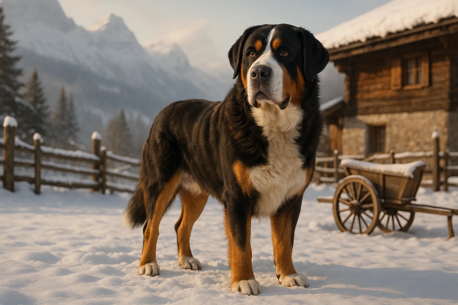 Illustration of a large tricolour Great Swiss Mountain Dog standing outdoors