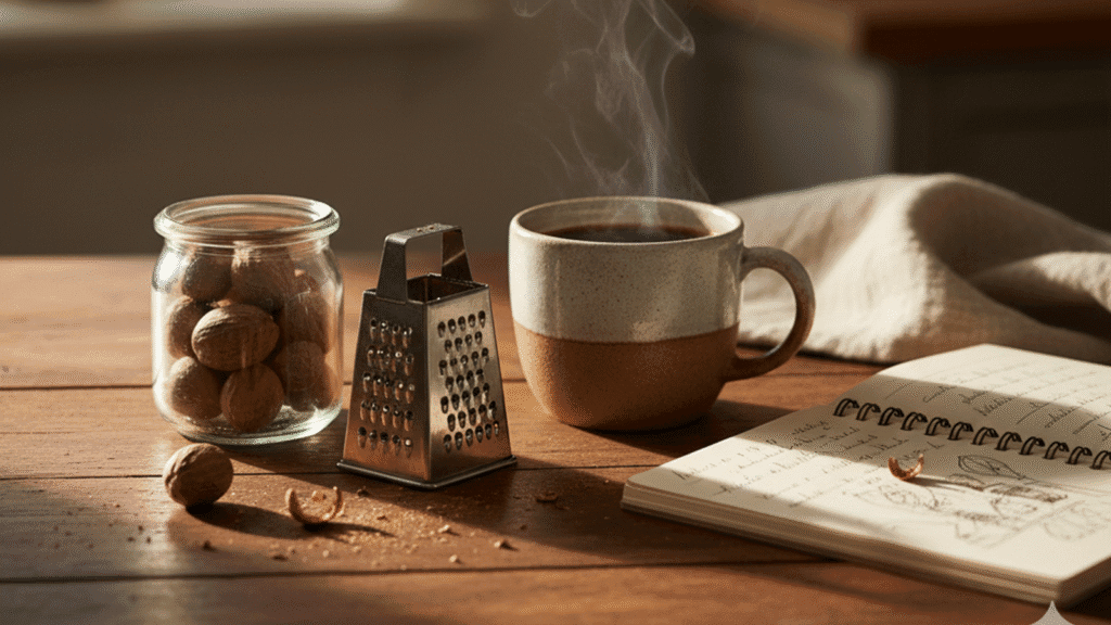 A warm drink finished with a light dusting of nutmeg
