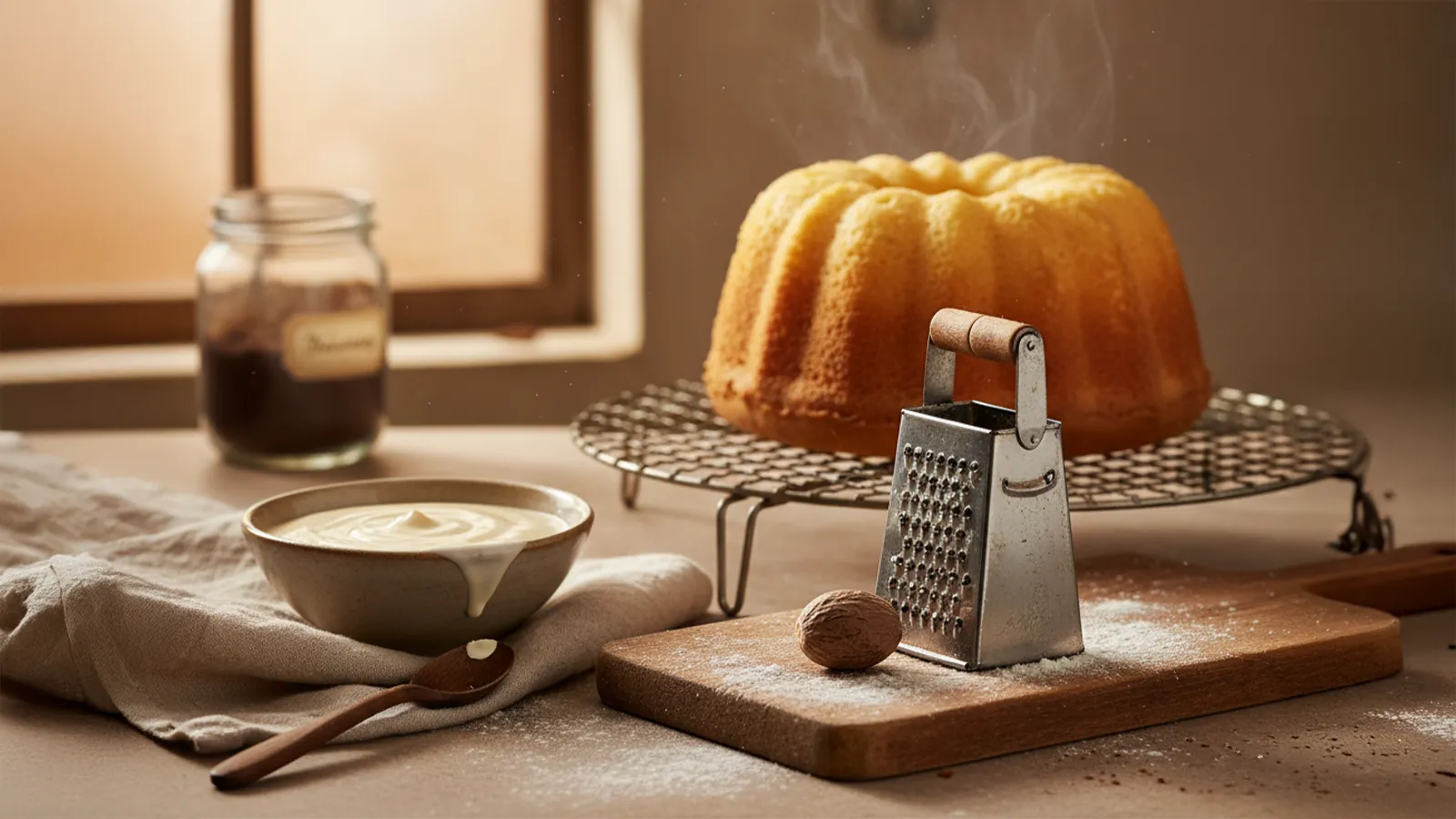 Whole nutmeg, ground nutmeg and a small grater arranged on a dark surface