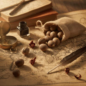 Decorative historical-style illustration introducing the story of nutmeg
