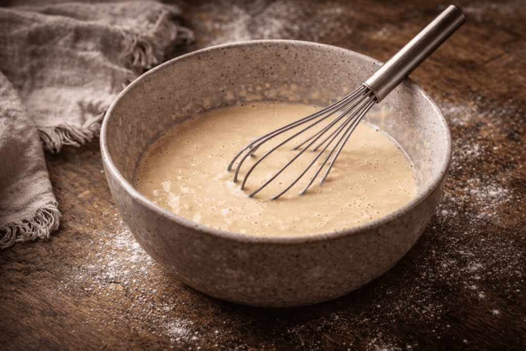 Smooth pancake batter resting in a bowl with a whisk