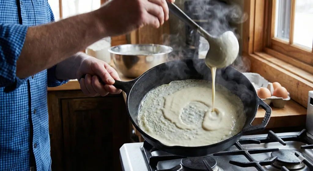 Pancake batter being poured into a hot frying pan beside a kitchen window