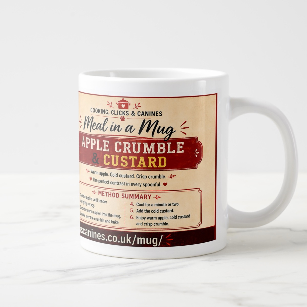 Meal in a Mug Apple Crumble and Custard 591 ml jumbo mug with its warm cream and red recipe wrap