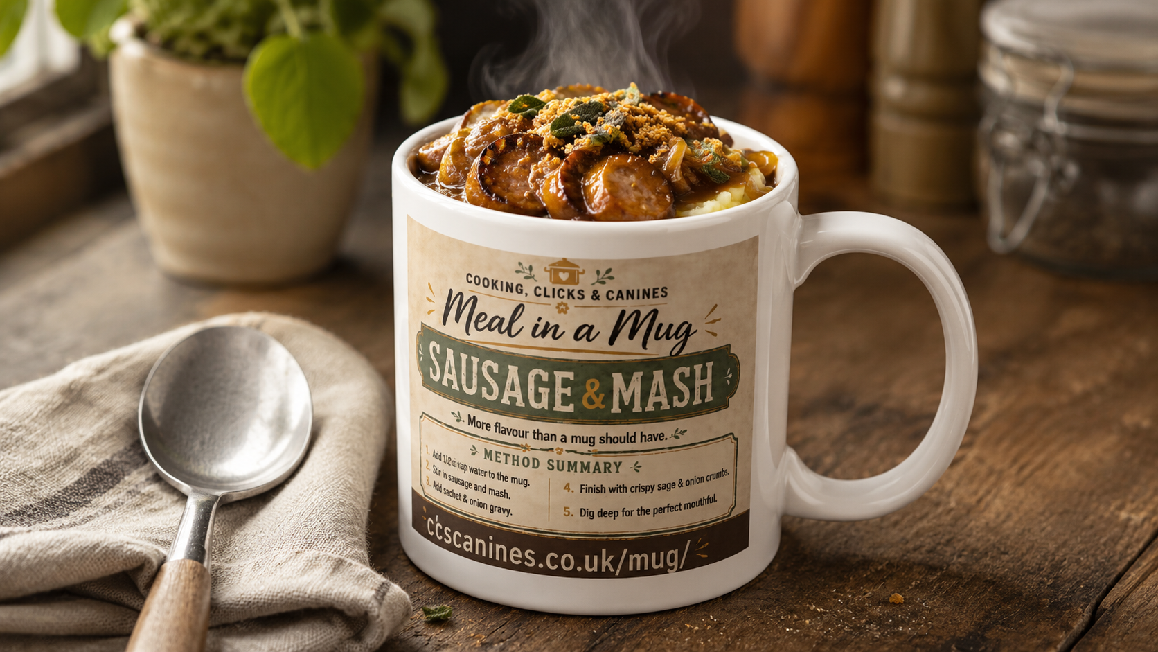 Sausage and mash served in the Meal in a Mug jumbo mug on a warm kitchen worktop