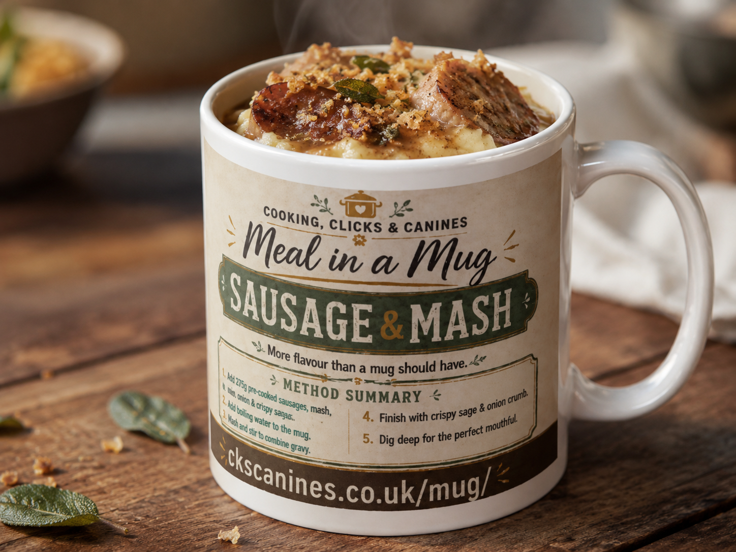 Close product view of the Sausage & Mash Meal in a Mug filled with mash, sausage, onion gravy and crisp crumb
