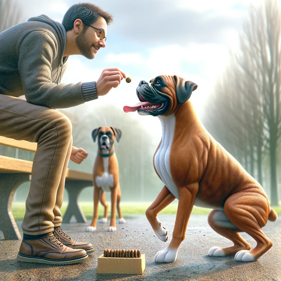 The image above presents a realistic depiction of a Boxer dog in a training session, effectively showcasing its trainability and intelligence. It captures the Boxer actively engaged in a training exercise, perhaps demonstrating obedience commands or agility training, under the guidance of a trainer or owner. The use of positive reinforcement, such as treats or praise, is evident in the interaction. The setting, likely a training ground or park, emphasizes a positive and focused training atmosphere. The Boxer's attentive and alert demeanor is highlighted, demonstrating its eagerness to learn and respond to commands, a testament to the breed's high intelligence and trainability. This visual effectively illustrates the capabilities of the Boxer in a training context, making it a suitable addition to the blog post.