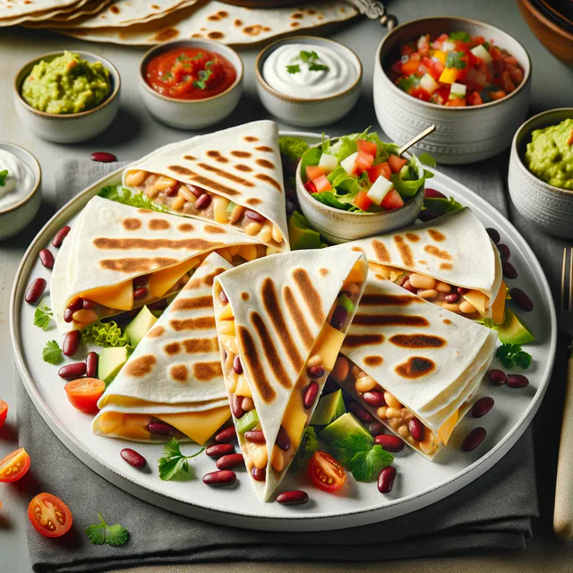 Bean and cheese quesadillas cut into wedges with dips.