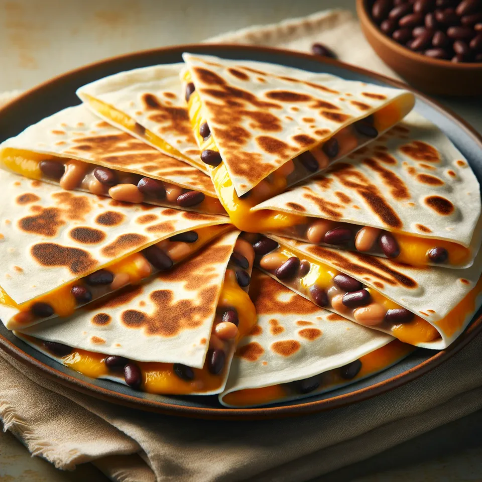 Bean and cheese quesadilla wedges stacked on a plate.