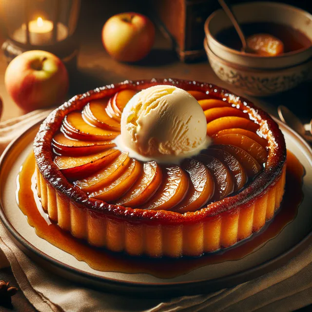 Caramelised apple tarte Tatin topped with ice cream.