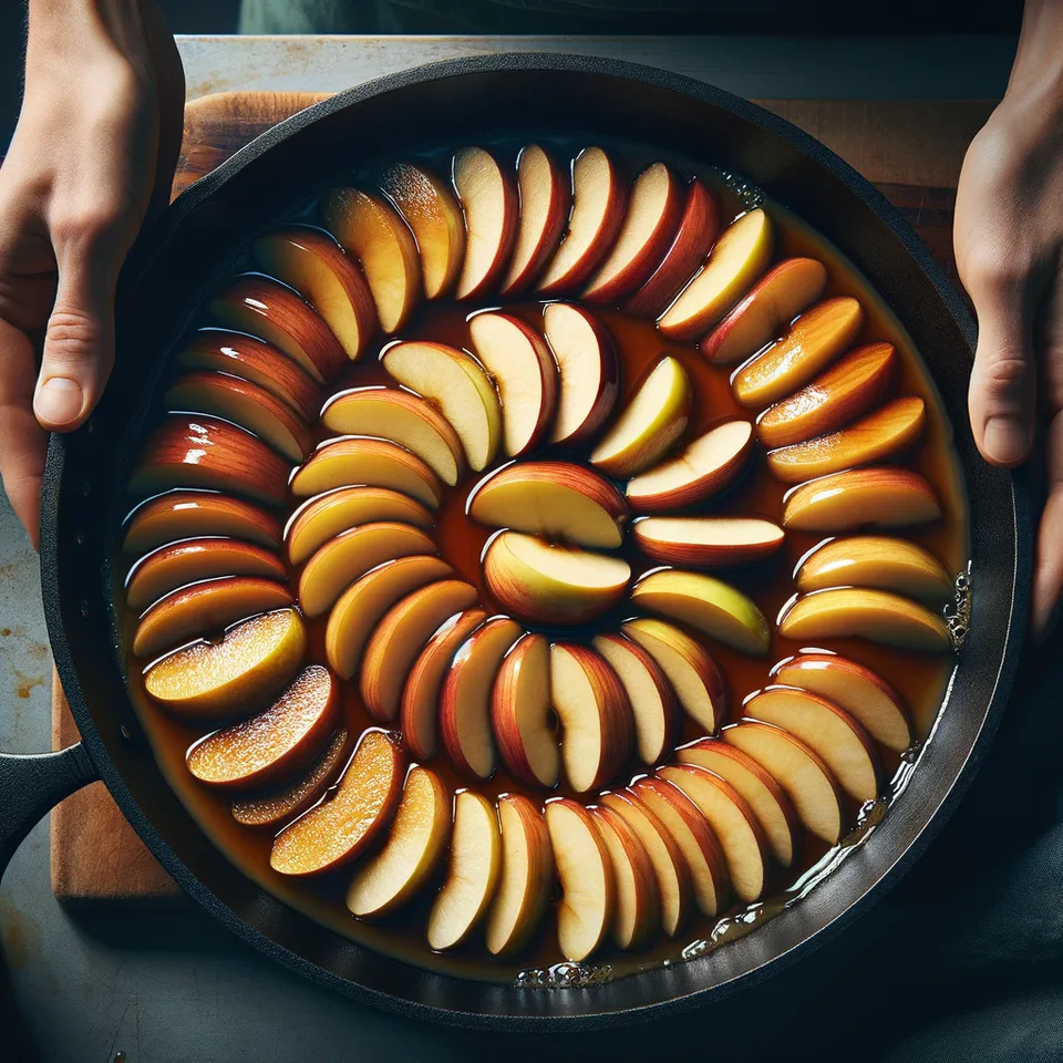 Apple slices arranged in caramel in a skillet for tarte Tatin.
