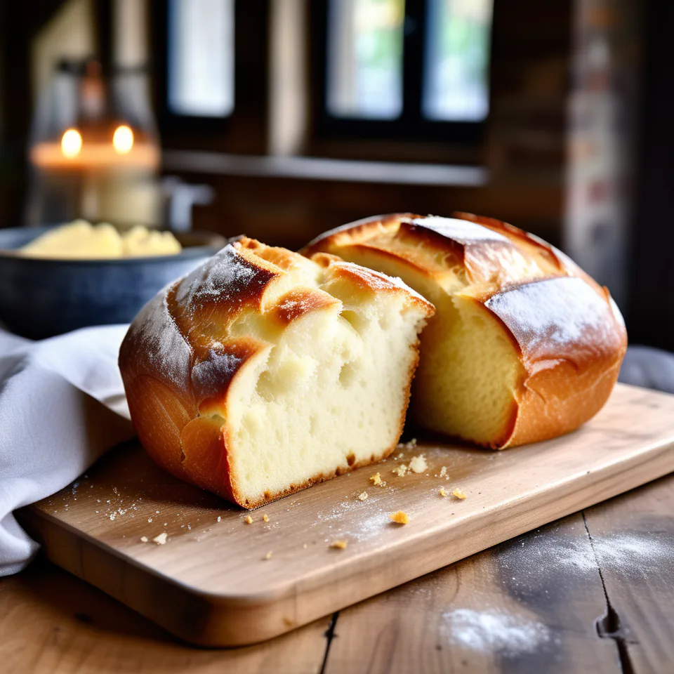 A whole brioche loaf beside a sliced loaf showing its soft, buttery crumb