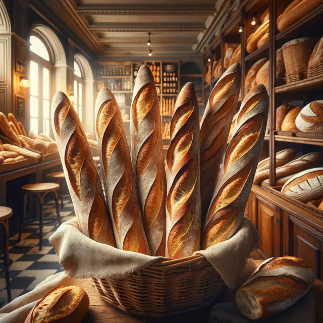 Basket of freshly baked French baguettes in a bakery.