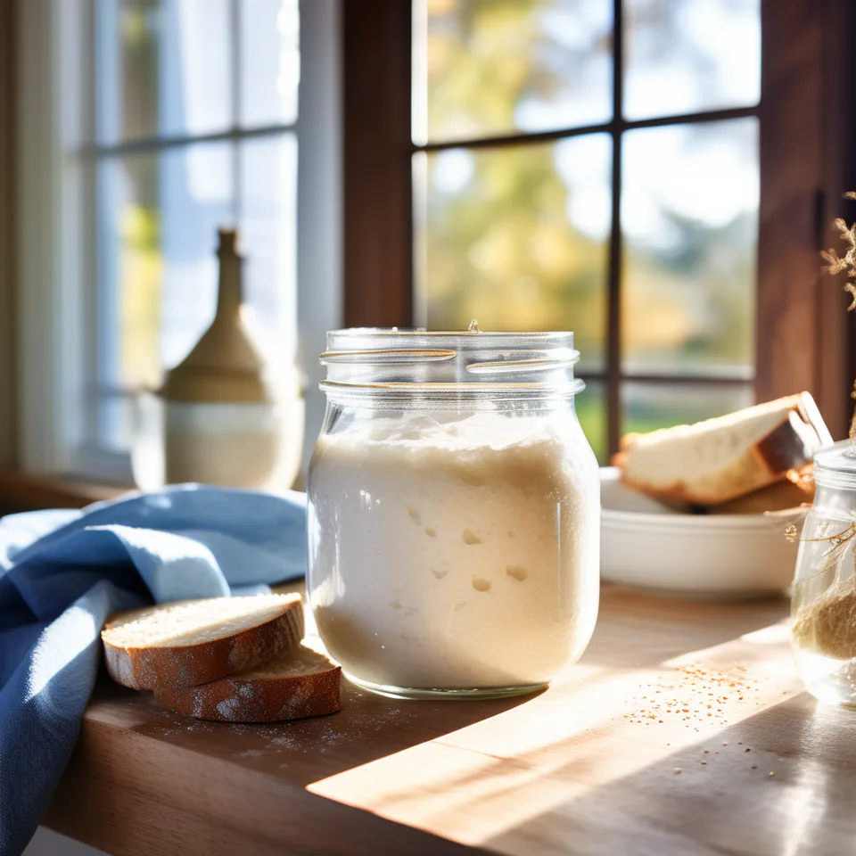 Active sourdough starter bubbling in a glass jar.