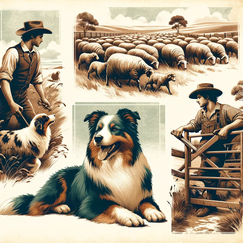 Australian Shepherds in Action: A Glimpse into the Past - This vintage illustration captures the spirit and dedication of Australian Shepherds in their traditional working environments, showcasing their indispensable role in pastoral life.
