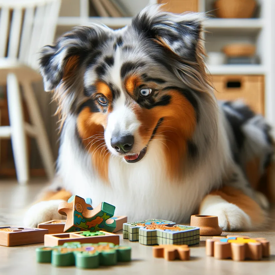 Engaging the Mind: An Australian Shepherd's Playtime with Puzzle Toys - Showcasing the breed's love for mental challenges and interactive play.