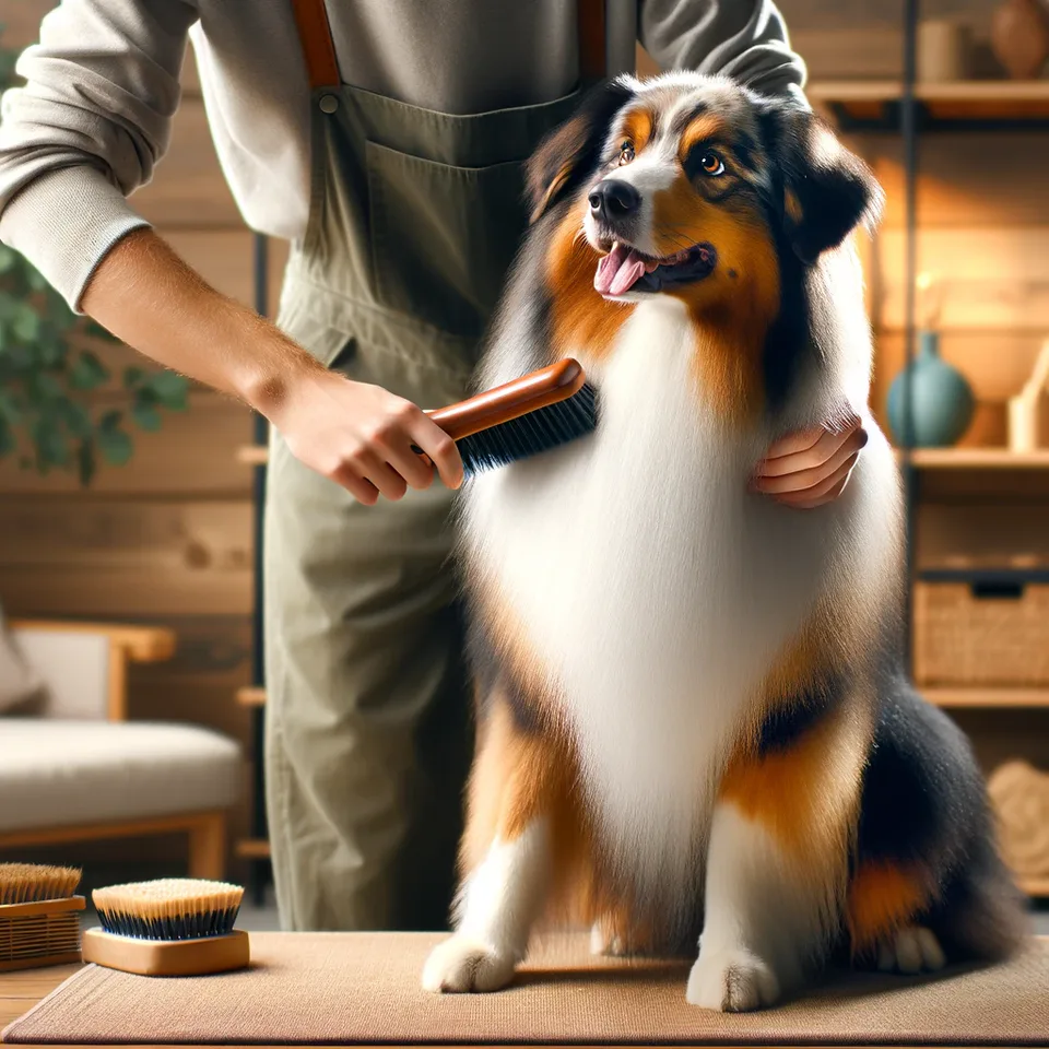 The Art of Grooming: A Serene Moment with an Australian Shepherd - Regular brushing not only keeps their coat in top condition but also strengthens the bond between pet and owner.