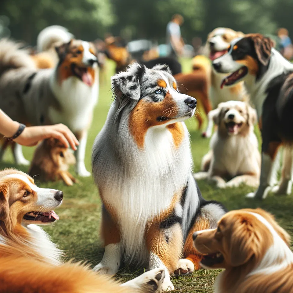 Friendly Encounters: An Australian Shepherd Enjoying Social Time with Other Dogs - A testament to the breed's sociable and adaptable nature.