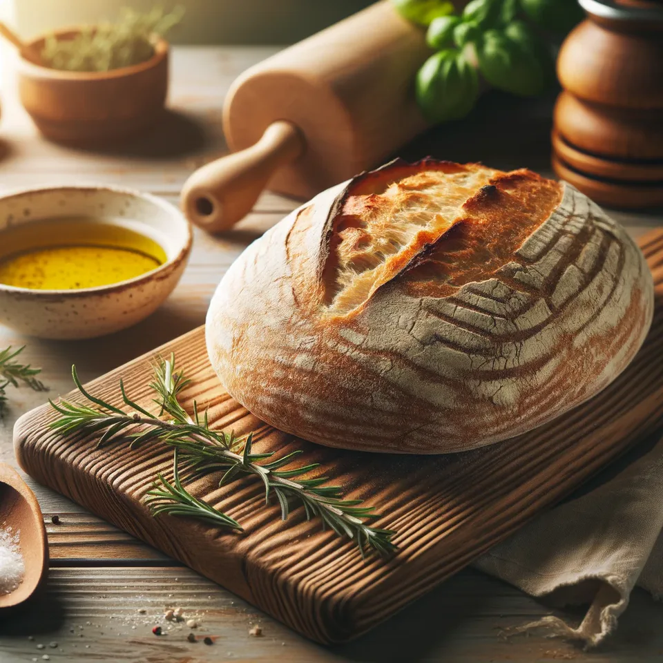 Sliced ciabatta loaf on a wooden board with olive oil.