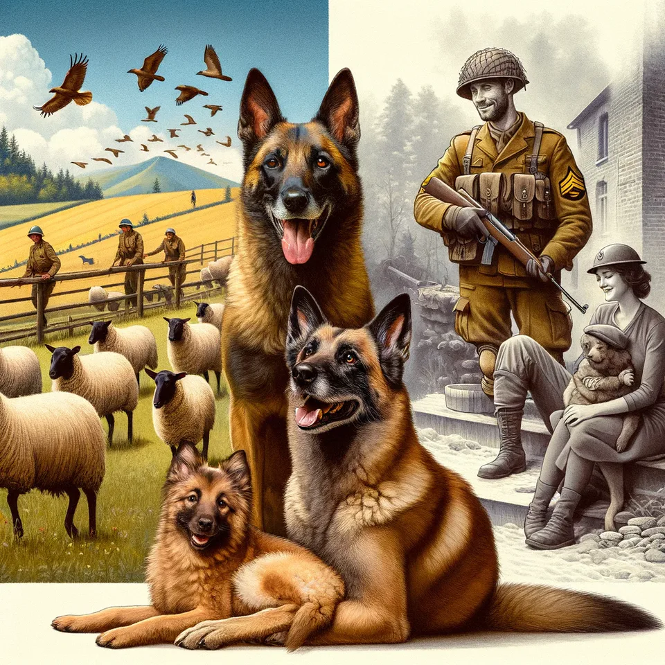 This visual representation beautifully captures the journey of the Belgian Malinois from their beginnings in Belgian pastures, through their roles in global conflicts, and into modern family settings