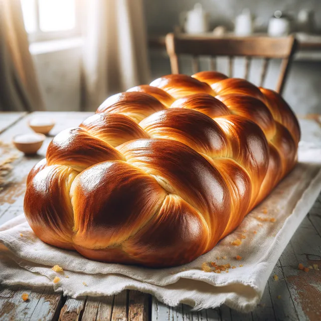 Golden braided challah loaf on a wooden table.