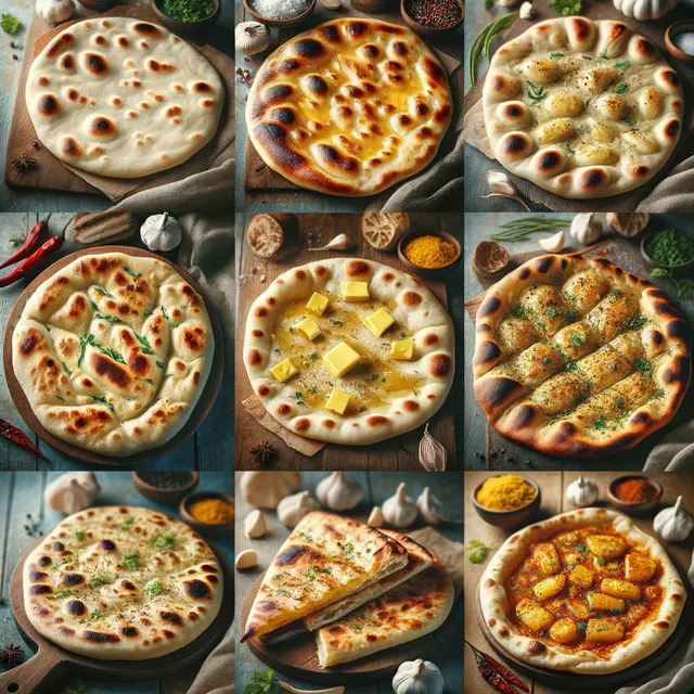 Fresh naan breads served with bowls of curry and chutneys.