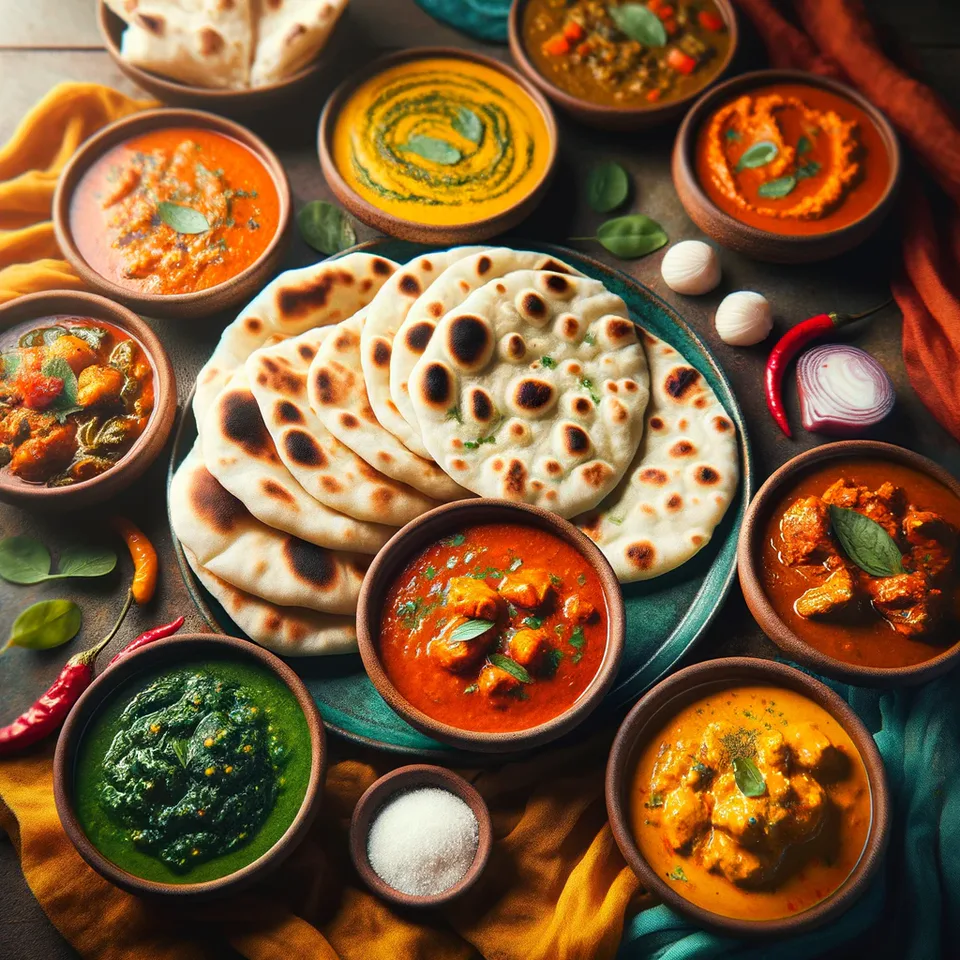Fresh naan breads served with colourful curries and chutneys.