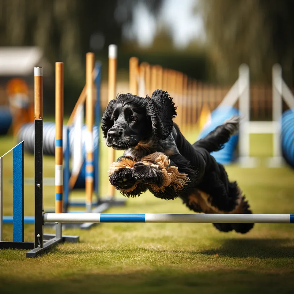 An action shot of a Working Cocker Spaniel during agility training