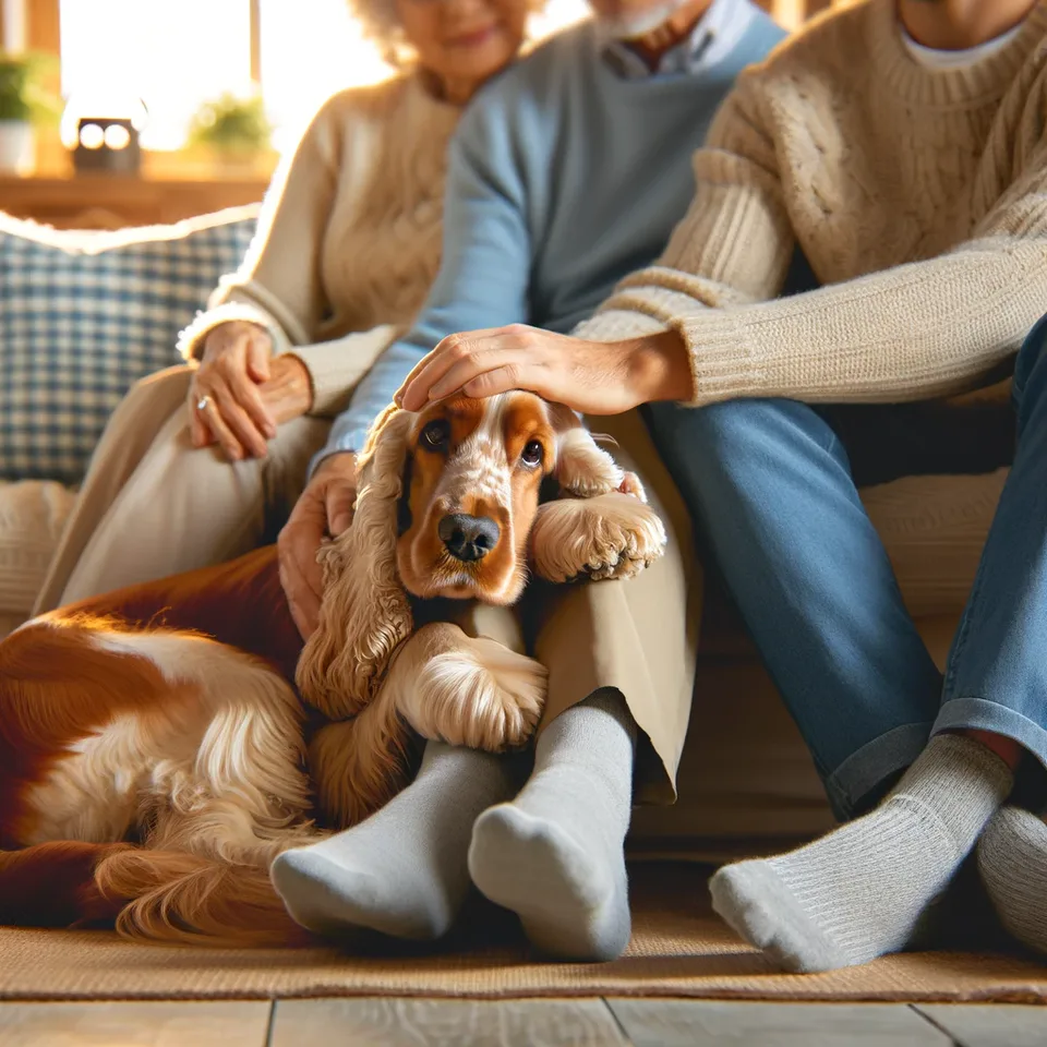A heartwarming image of a Working Cocker Spaniel resting with family members.