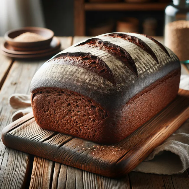 Sliced pumpernickel loaf on a wooden board.