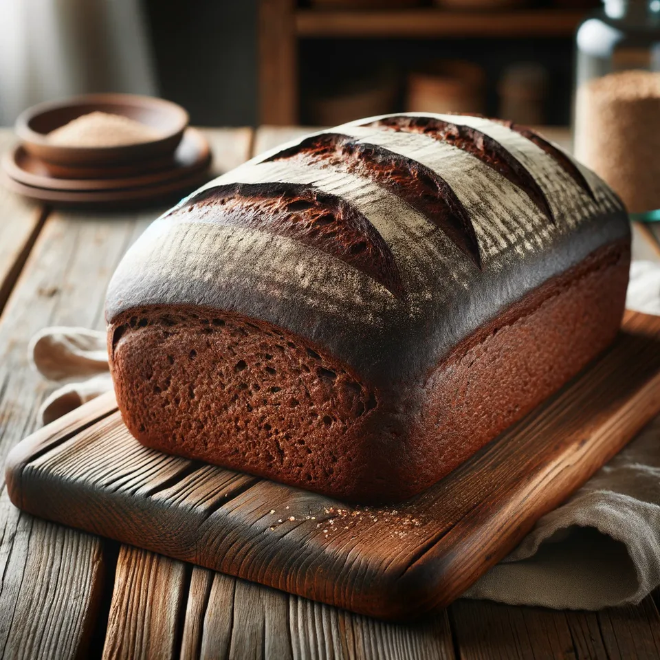 Sliced pumpernickel loaf on a wooden board.