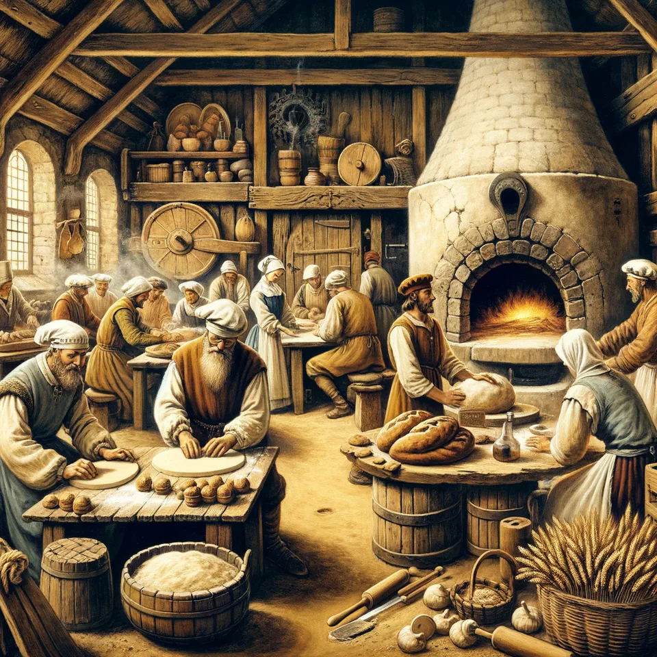 Illustration of breadmaking in a medieval German kitchen.