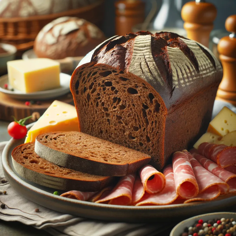 Sliced pumpernickel served with cured meat and cheese.