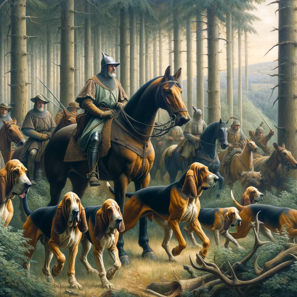 A painting depicting medieval hunting scenes with Bloodhounds.