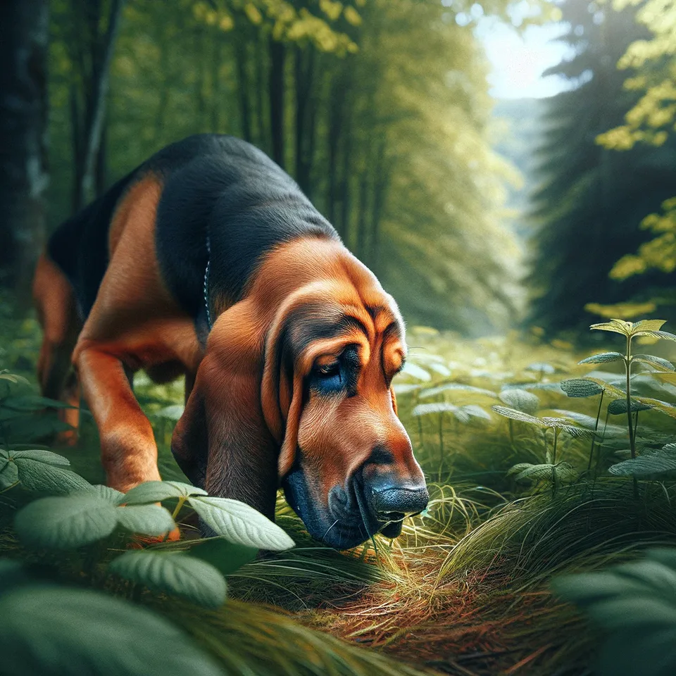 A photo of a Bloodhound engaged in tracking.