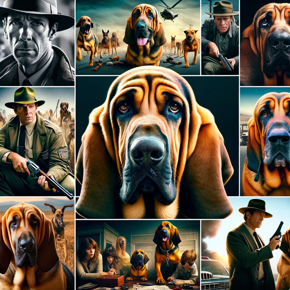 A collage or a series of images from various films and TV shows where Bloodhounds have been featured.