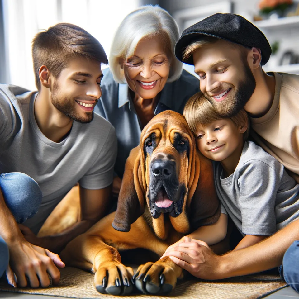 A photo of a Bloodhound with its family, showcasing its bonding and loyalty.