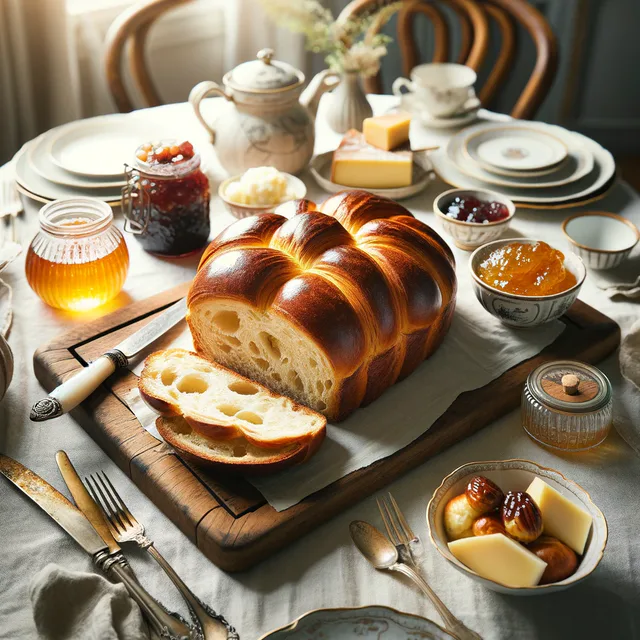 Sliced brioche loaf on a breakfast table.