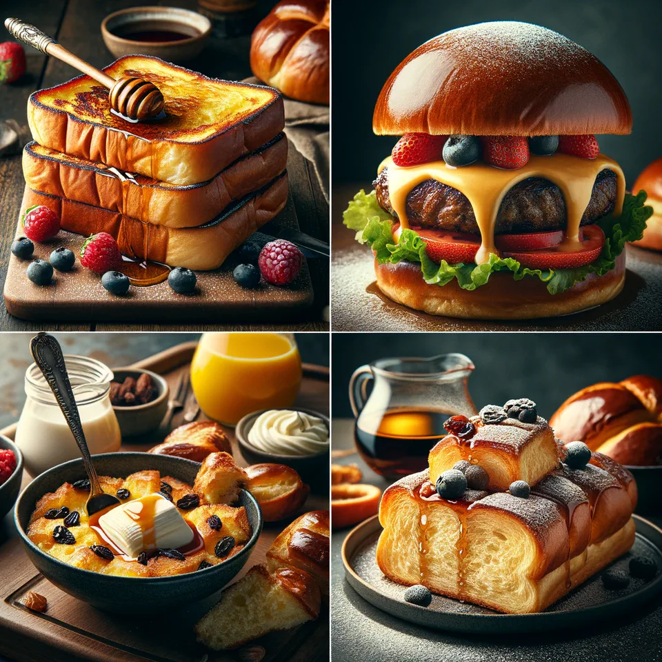 Brioche served as French toast, burger buns and bread pudding.