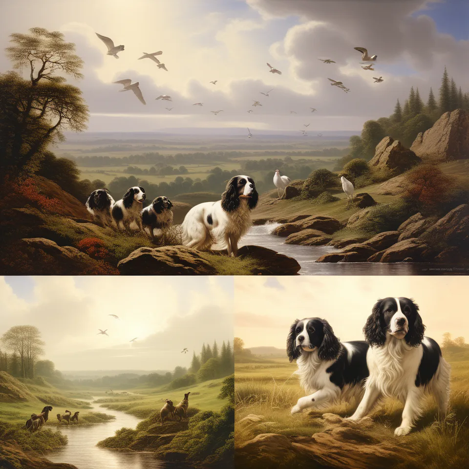 Historical images or paintings of Springer Spaniels in hunting settings, showing their evolution over time.
