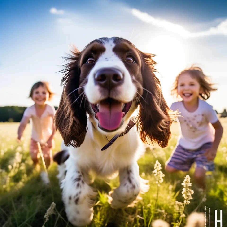 A heartwarming photo of a Springer Spaniel playing gently with children, highlighting the breed's friendly nature with kids.